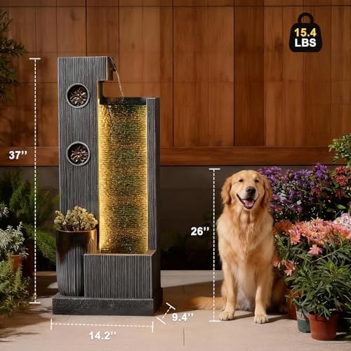 37" H Modern Indoor Water Fountains - Rectangular Outdoor Waterfall Fountain with LED Lights and Pump and Sculpted Flowers for Office, Living Room, Bedroom, Garden and Home Art Decor - Image 2