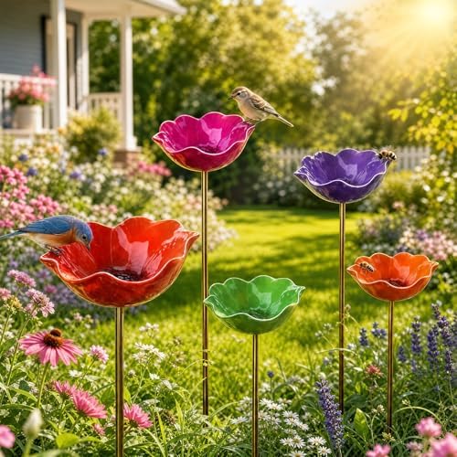 2026 Upgraded 8.6 * 24in Large Handmade Metal Flower Garden Stake Bird Bath,Detachable Outdoor Mini Bird Bath & Pollinator Water Station,Weatherproof Decorative Yard Art Ornament Gift (5pcs a) by Hoytem