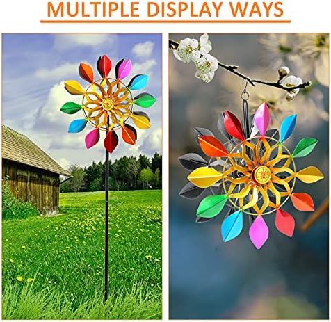 63 Inch Kinetic Wind Spinners with Garden Stake, Rainbow Metal Windmill Decorations, 360 Swivel Outdoor Wind Sculpture, Dual Direction Colorful Wind Catcher for Yard Art, Lawn, Garden Decor, Gifts - Image 3