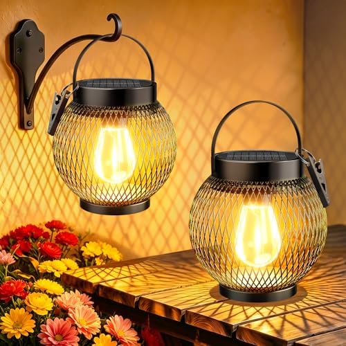 Solar Lanterns Outdoor Waterproof, Metal Hanging Lights, 2 Pack by TuyLuxeHome