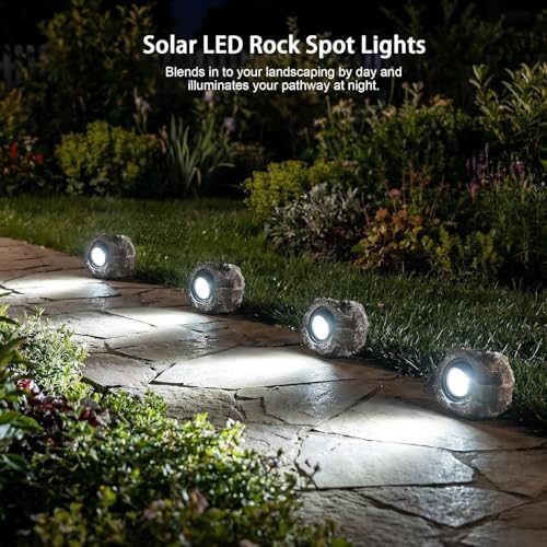 Candieslife Solar Garden Rock Lights Outdoor - IP65 LED Waterproof Solar Spotlight, Solar Powered Landscape Lights Decorative Garden Stone Light for Pathway, Walkway, Yard, Patio (4 Pack) - Image 3