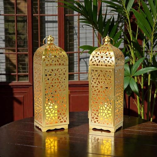 BHCJ 2-Pack Vintage Decorative Candle Lantern 12.5'' High Metal Moroccan Lantern Hanging Lantern with Hollow Pattern for Home Decorations Living Room Garden Parties Events Indoors Outdoors(Gold) - Image 6