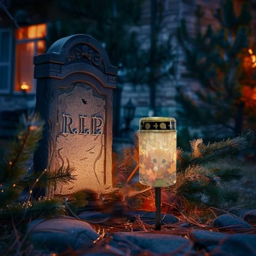 Poceacles Flameless Candle Solar Powered Grave Outdoor Lights Cemetery Candle Flameless Fake LED Pillar Lights Outdoor Waterproof Lawn Decoration, Cute Cat Autumn Forest Leaf, Set of 4 - Image 2