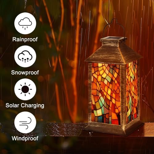 Solar Lantern Illusion Stained Glass Outdoor Garden Hanging Lantern Waterproof Solar Powered Lighting Outside Table Lamp for Patio Deck Yard Camping Beach House Decor, 1 Pack - Image 5