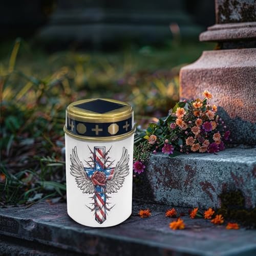 Poceacles Cross Solar Lights Outdoor for Garden Lawn Cemetery Grave Decorative Cemetery Solar Candle Grave Flameless Candle for Outside Home Decorations, American Flag Wings Rose Cross, Pack of 2 - Image 3