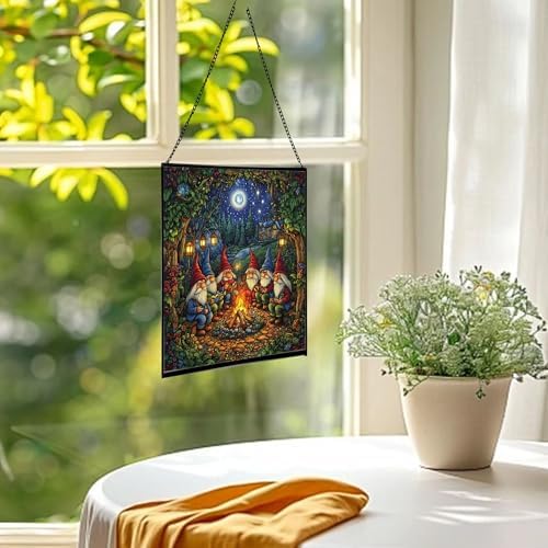 Campfire Story Gnome Stained Glass Suncatcher – Square Hanging Window Panel for Home or Greenhouse – Whimsical Glass Art Gift for Garden Lovers, Christmas, Halloween, Father Days hQZx4H - Image 3