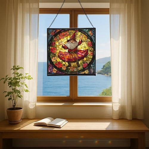 Petal Skirt Gnome Dance Stained Glass Suncatcher – Square Hanging Window Panel for Home or Greenhouse – Whimsical Glass Art Gift for Garden Lovers, Christmas, Halloween, Father Days RKJjbe - Image 6