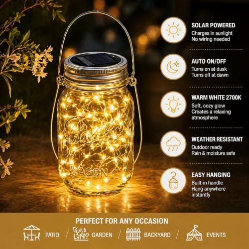 Outdoor Hanging Lanterns Solar Powered Mason Jar Lights with 30 LEDs Led String Lights for Wedding Garden Patio (Jars & Hangers Included) (6-Pack) - Image 2