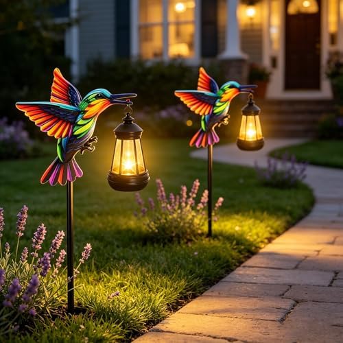 2 Pack Hummingbird Solar Garden lights Outdoor Waterproof, Gifts for Women Mom Grandma Daughter, Stake lights with Solar Lantern, Hanging Solar Lights, Solar Path Light Yard Outside Patio Garden Decor - Image 7
