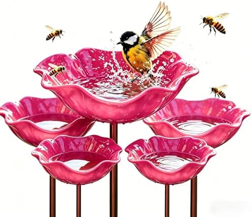 Handmade Metal Flower Garden Stake Bird Bath Bee Butterfly Pollinator Watering Station Hummingbird Bowl Outdoor Decor Resistant Resin LawnYard Planter (4, Rose Pink) by Unknown