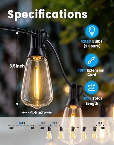 110FT(100+10) String Lights Outdoor, 2FT Bulb Spacing, Waterproof Shatterproof Warm White ST38 LED Edison Bulbs, Extension Cord, Plug in Connectable Hanging Patio Lights for Outside, Backyard - Image 6