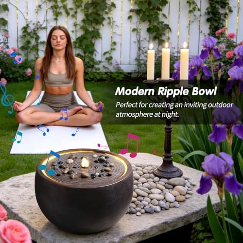 12.2" Outdoor Water Fountain, Modern Round Bowl Ripple Design, Outdoor Freestanding Water Fountain with LED Lights and Pump, Garden Water Feature, Polyresin Stone Finish, Pink Purple - Image 4