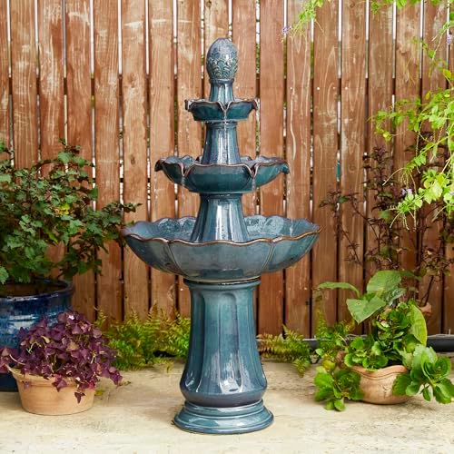 Glitzhome Outdoor Fountain and Waterfalls 3 Tier Patio Fountains, 45" H Turquoise Ceramic Water Fountain with LED Light, Pump & Adapter Garden Outdoor Floor Stand Fountains for Backyard Deck Lawn - Image 4