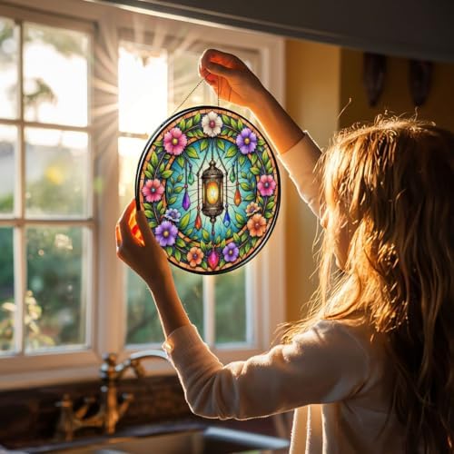 Ornate Lantern with Blooming Flowers and Gems Stained Glass Suncatcher 12in - Image 3