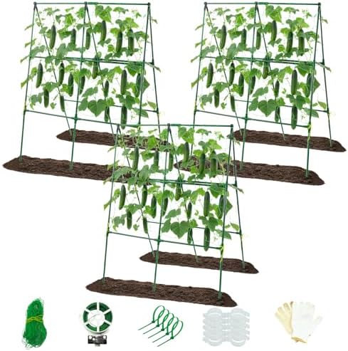3 Packs Cucumber Trellis for Raised Bed, 50" x 33" A-Shape Garden Trellis for Climbing Plants, Outdoor Metal Arch Vegetable Plant Support for Tomato, Cucumber, Pea, Zucchini & Vine Plants by Prashent