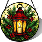 Stained Glass Suncatcher Christmas Lantern Window Hanging, Holiday Home Decor with Red Berries and Pine, Unique Gift for Mom, Wife, Her, Winter Garden Wall Art (Mixed,11.8×11.8 in) by Unknown