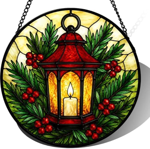 Stained Glass Suncatcher Christmas Lantern Window Hanging, Holiday Home Decor with Red Berries and Pine, Unique Gift for Mom, Wife, Her, Winter Garden Wall Art (Mixed,11.8×11.8 in) by Unknown