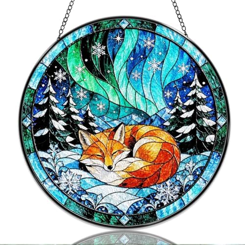 9.84 Inch Stained Glass Window Hanging Fox in Winter Forest Aurora Sun Catchers Sleeping Red Fox Suncatchers for Home Porch Garden Indoor & Outdoor Decor by Unknown