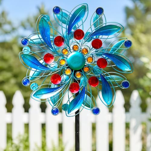 360° Solar Wind Spinners for Yard and Garden - Outdoor Metal Wind Sculptures & Spinners, Red Blue Kinetic Art with Solar Powered LED Multi-Color Glass Ball Lights for Patio, Lawn Decor by ZQQLITE