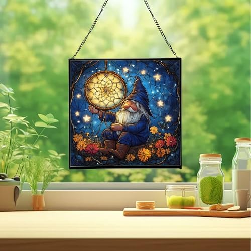 Gnome with Dreamcatcher Stained Glass Suncatcher – Square Hanging Window Panel for Home or Greenhouse – Whimsical Glass Art Gift for Garden Lovers, Christmas, Halloween, Father Days lkrjZa - Image 2
