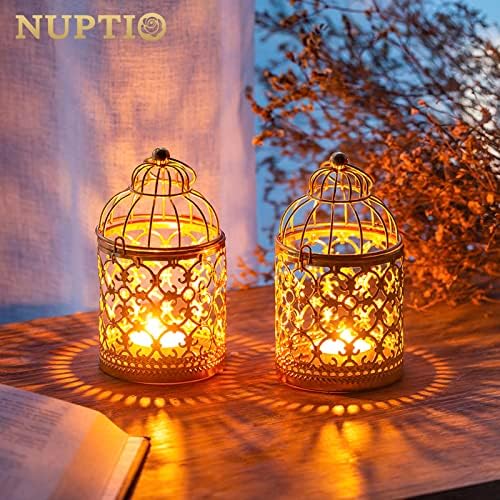 NUPTIO Vintage Hanging Birdcage Lantern, 6 Pcs Small Metal Tealight Holder - Image 2