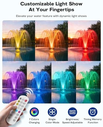 Antfraer Floating Pond Fountain with RGB LED Lights, 1200GPH Pond Fountain for Large Ponds, Remote Control Pond Aerator with 3 Spray Patterns for Water Gardens, Fish Pool & Lakes, 18 Inch Float - Image 3