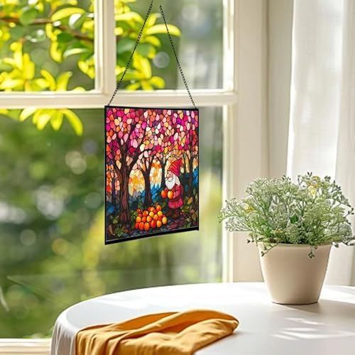 Gnome in Peach Grove Stained Glass Suncatcher – Square Hanging Window Panel for Home or Greenhouse – Whimsical Glass Art Gift for Garden Lovers, Christmas, Halloween, Father Days HTHgCN - Image 3
