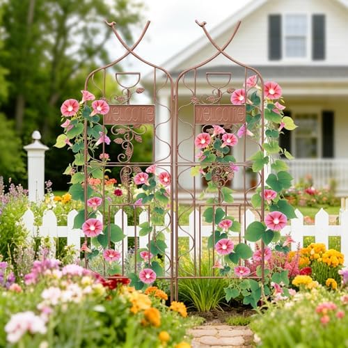 LZRS 59.5 x 36in Rustic Iron Arch Decoration Garden Trellis with Metal Coating – Perfect for Supporting Climbing Plants Outdoor, Roses, Vines, Flowers, and Vegetables, Brown - Image 4