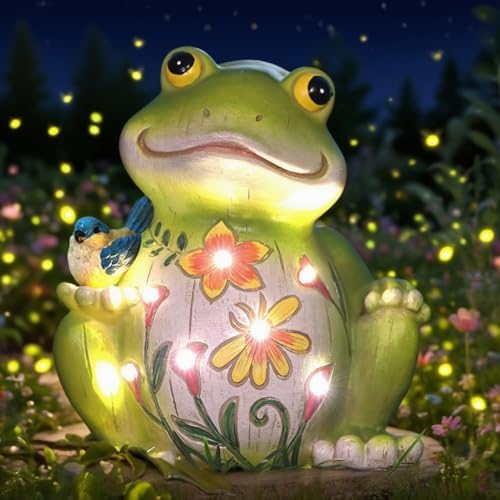 Solar Powered Frog Garden Statue, Resin Frog Figurine with Little Bird & Warm LED Lights, Waterproof Outdoor Decor Frog Sculpture, Lawn Yard Patio Backyard Flower Bed Ornament, Housewarming Gift - Image 4