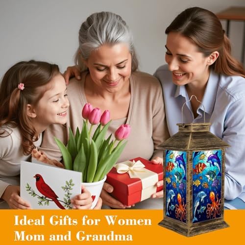 Solar Lantern Outdoor Waterproof Colorful Underwater Marine Life Stained Glass Art Dolphins Fish Garden Decor LED Hanging Solar Lights Tabletop Lamp Gifts for Women Mom Outside Yard Patio Porch - Image 4