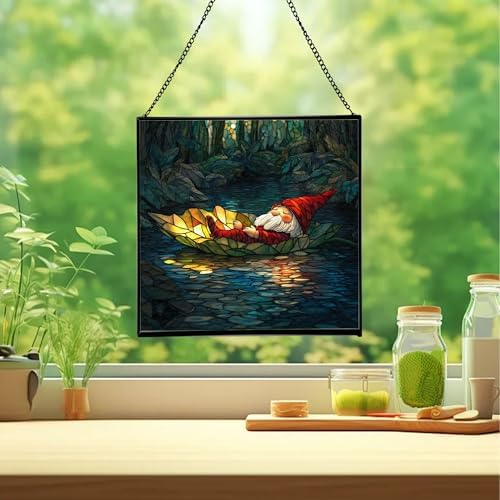 Floating Leaf Gnome Stained Glass Suncatcher – Square Hanging Window Panel for Home or Greenhouse – Whimsical Glass Art Gift for Garden Lovers, Christmas, Halloween, Father Days fFUfVq - Image 2