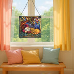 Gnome and Cat Nap Stained Glass Suncatcher – Square Hanging Window Panel for Home or Greenhouse – Whimsical Glass Art Gift for Garden Lovers, Christmas, Halloween, Father Days YLlkJi - Image 5