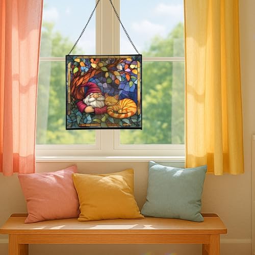 Gnome and Cat Nap Stained Glass Suncatcher – Square Hanging Window Panel for Home or Greenhouse – Whimsical Glass Art Gift for Garden Lovers, Christmas, Halloween, Father Days YLlkJi - Image 5