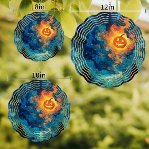 12 Inch Halloween Wind Spinner for Yard and Garden, Blue Night Sky Mystical Glowing Pumpkin Hanging Ornaments Outdoor 3D Kinetic Wind Sculpture Spinners Indoor Outdoor Patio Décor Ornaments Gift - Image 3