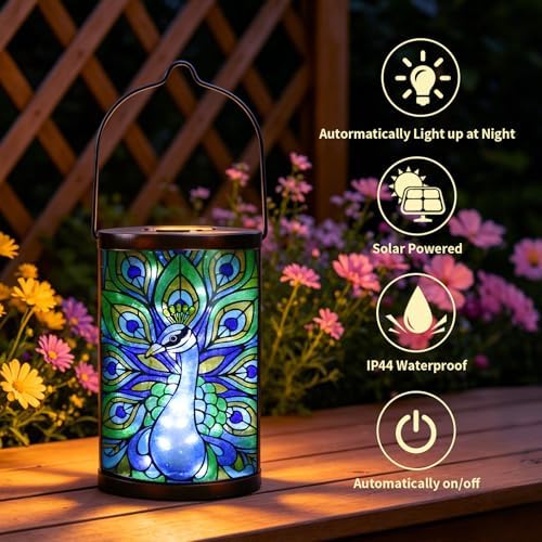 MUMTOP Peacock Glass Solar Lantern Waterproof Outdoor Hanging Garden Light - Image 2