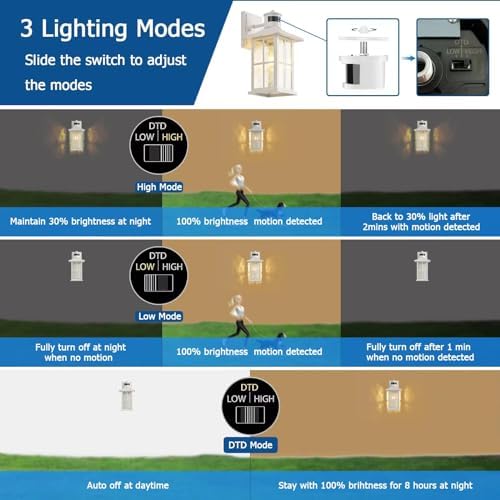 2 Pack Motion Sensor Porch Lights White Dusk to Dawn Outdoor Wall Lantern - Image 4