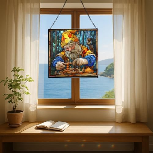 Gnome with Wooden Toys Stained Glass Suncatcher – Square Hanging Window Panel for Home, Garden, Nursery, Halloween, Christmas, Memorial Day – Whimsical Glass Art Gift for Gnome Lovers j20dxf - Image 6