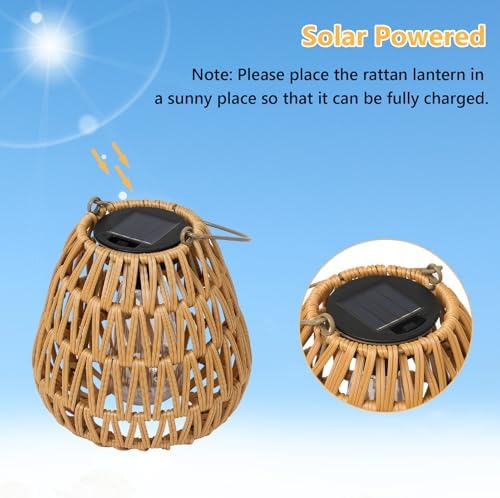 2 Pack Solar Lights Outdoor Waterproof, Rattan Solar Lantern, Hanging Outdoor Solar Lights for Yard, Outdoor Solar Lanterns Decorative, Garden Lights Solar Powered for Tree, Patio, Table Lantern Decor - Image 5
