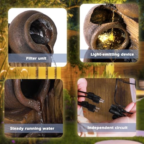 Grepatio 39.3" Tall Outdoor Water Fountain Garden Waterfalls Fountain with LED Lights 5 Tier Modern Indoor/Outdoor Floor Standing Water Fountain with Pump for Garden, Patio, House Decor (Brown) - Image 2
