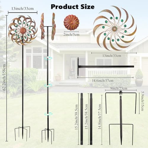VEWOGARDEN Garden Metal Wind Spinners Outdoor Kinetic Wind Sculptures & Spinners for Yard Lawn Patio Decorations, Copper Green - Image 3