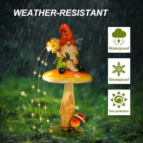 HONGLAND Solar Garden Gnome Figurine, Waterproof Outdoor Mushroom Decor with Solar Outdoor Lights for Yard, Patio, Lawn Ornaments, Ideal Gifts for Mom Grandma Women, Housewarming Gifts-16.5" - Image 4