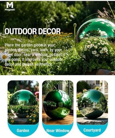12 Inch Stainless Steel Gazing Ball, Garden Gazing Globe Mirror Ball, Polished Shiny Sphere for Garden Yard Outdoor, Swimming Pool Decoration (Green) - Image 3