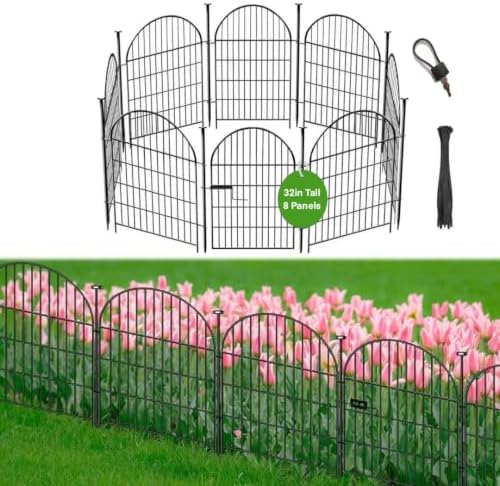 Garden Fence Border, 32 in(H) x17.5 Ft(L) 8 Panels, Tall Garden Animal Barrier Fence with Gate, Dog Fence Outdoor for Yard, Arched Rustproof Metal No Dig Fence, Flower Bed Fencing by Okaygardn