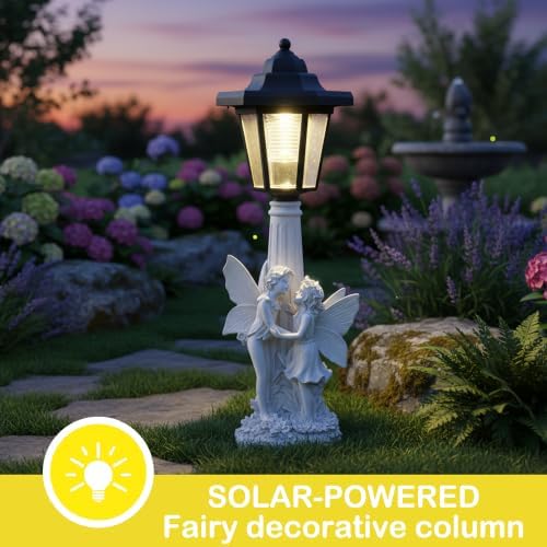 Fairy Couple Solar Lantern Garden Statue, White Resin - Image 2