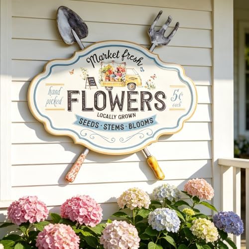 Vintage Metal Garden Sign with Shovel & Fork Decor "Market Fresh Flowers" Rustic Farmhouse Wall Decor for Outdoor Garden Patio Yard 17.5"L (Flower) - Image 4