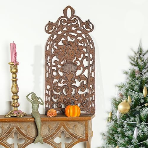 Sungmor Vintage Cast Iron Wall Plaque -Scroll and Floral Vase Design,Rust - Image 2
