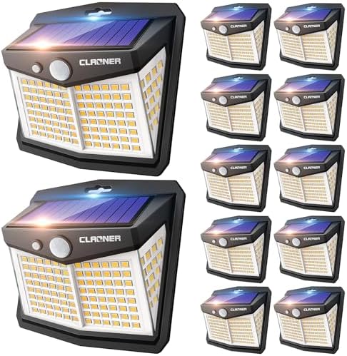 CLAONER Solar Motion Sensor Lights Outdoor, 12 Pack Solar Fence Lights IP65 Waterproof, Bright 128 LED Security Flood Lights with 270°Wide Angle, 3 Lighting Modes Motion Light for Outside, Warm White by Claoner