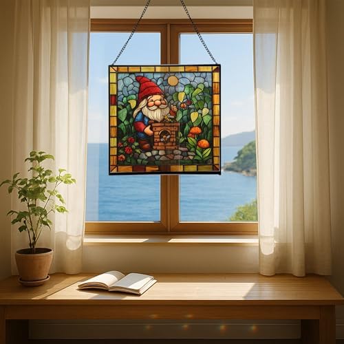 Gnome with Insect Hotel Stained Glass Suncatcher – Square Hanging Window Panel for Home, Garden, Nursery, Halloween, Christmas, Memorial Day – Whimsical Glass Art Gift for Gnome Lovers zyi931 - Image 6