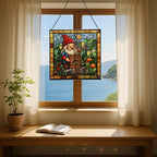 Gnome with Insect Hotel Stained Glass Suncatcher – Square Hanging Window Panel for Home, Garden, Nursery, Halloween, Christmas, Memorial Day – Whimsical Glass Art Gift for Gnome Lovers zyi931 - Image 6