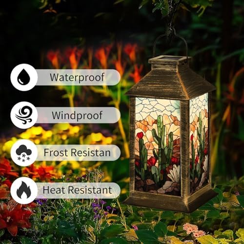 Solar Lantern Vivid Stained Glass Western Scene Mountains Outdoor Waterproof Garden Hanging Lantern Solar Powered Lighting Outside Table Lamp for Patio Deck Camping 1 Pack - Image 2